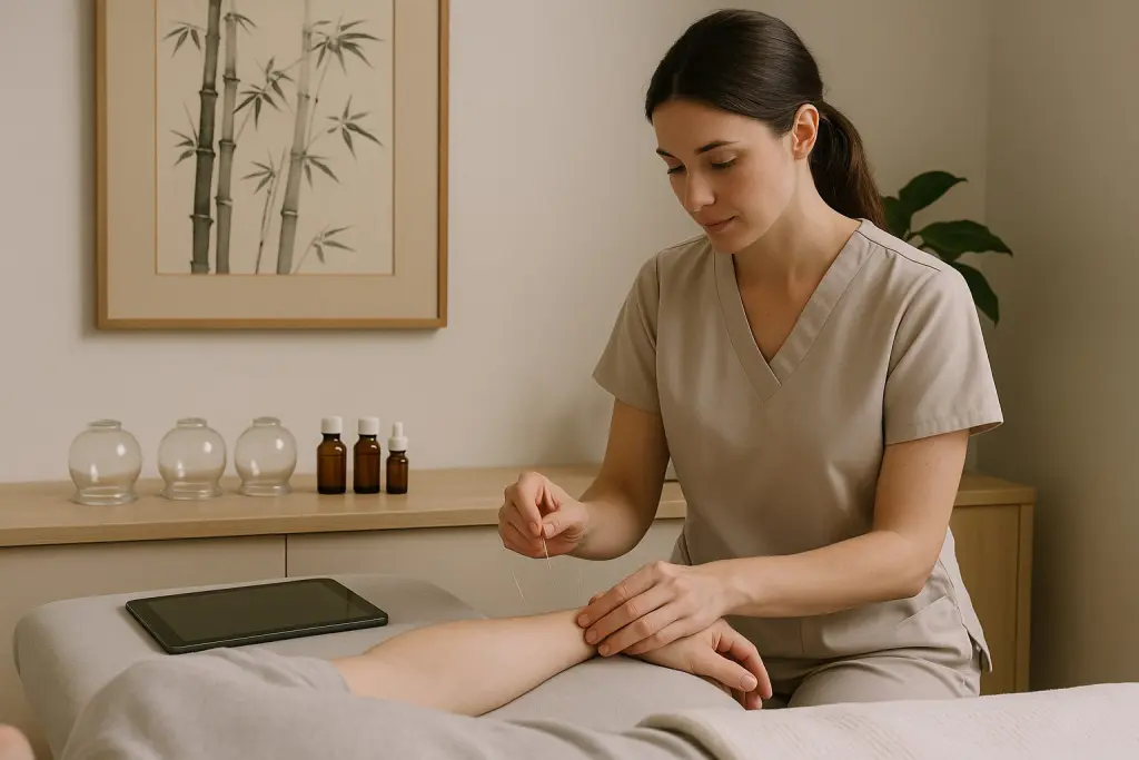 Practitioner inserting acupuncture needle into patient’s arm in a modern Clifton, NJ clinic. Treatment table, traditional cupping jars, herbal tinctures, bamboo art, and digital tablet are visible, highlighting a blend of traditional Chinese medicine and contemporary care in a serene, softly lit setting.