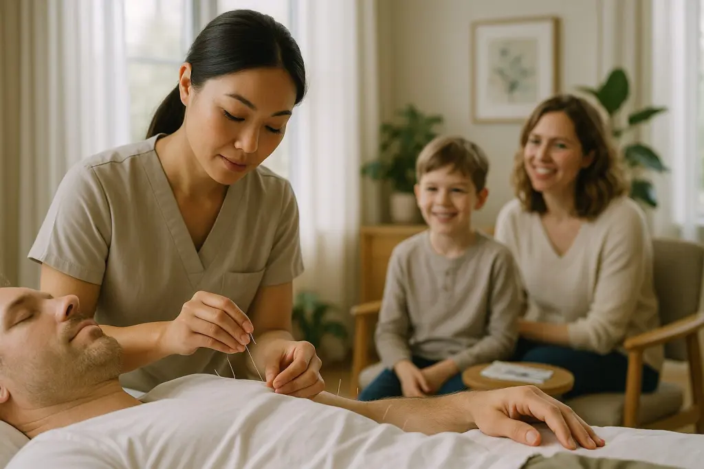 A licensed acupuncturist gently inserts needles into an adult’s arm in a modern Fair Lawn clinic. A smiling child and parent observe nearby, creating a calm, family-friendly atmosphere with soft natural lighting, plush furniture, and holistic decor.
