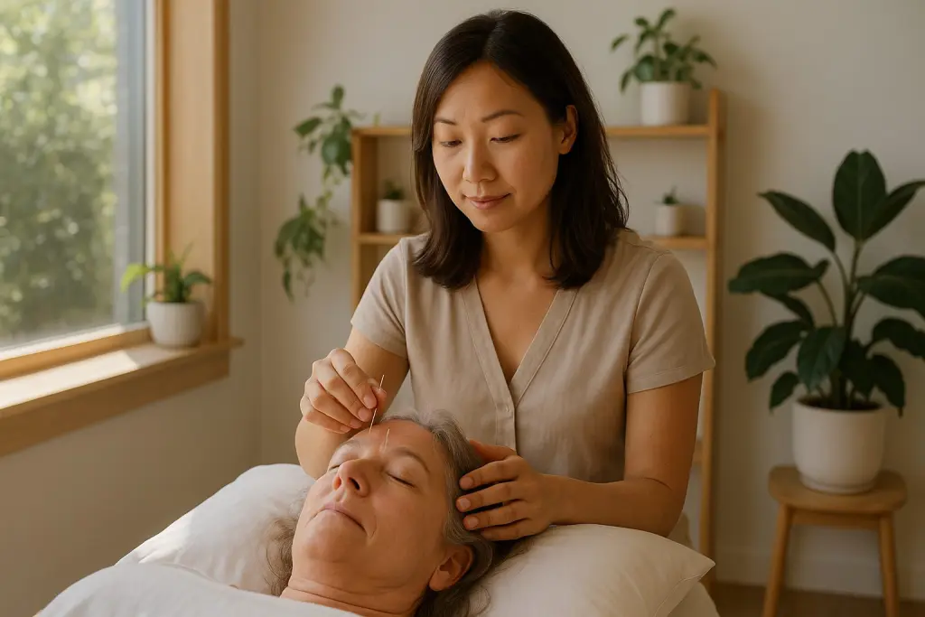 Professional acupuncturist providing acupuncture treatment to a middle-aged woman in a modern Oakland clinic with natural wood accents, potted plants, and warm sunlight, creating a calming atmosphere for Bergen County families seeking effective pain relief.