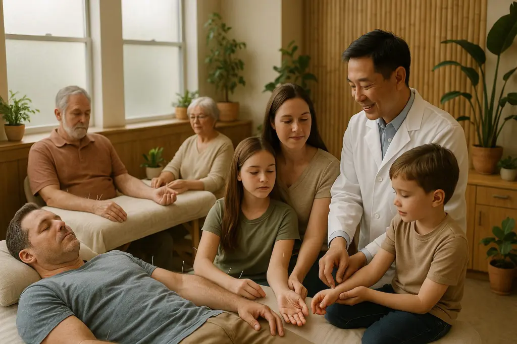 Multi-generational family receives traditional acupuncture and acupressure in a welcoming Wayne, NJ clinic with bamboo accents, soft linens, plants, and gentle natural light. Experienced practitioner provides treatments, creating a calm, accessible environment for all ages.