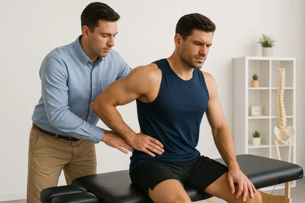Chiropractor assists an athlete in a bright, professional Fair Lawn clinic. The practitioner focuses on spinal alignment and pain relief, emphasizing chiropractic care for athletes. The clean, welcoming clinic interior highlights a commitment to family and athlete wellness in Fair Lawn.