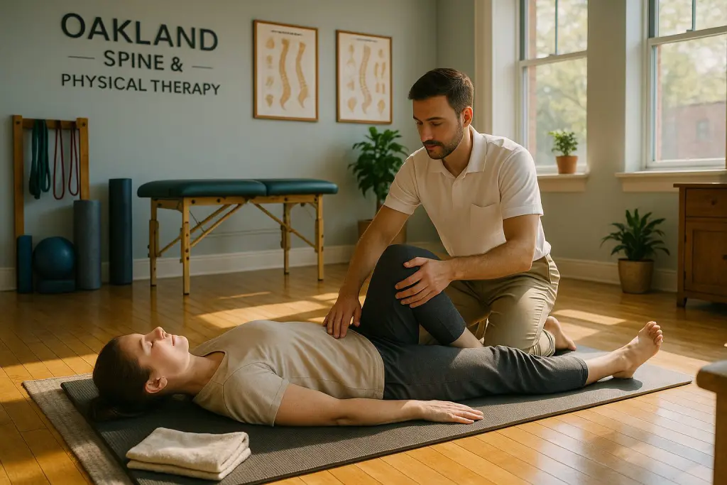 A sunlit physical therapy clinic with a friendly therapist guiding a patient through stretches on a mat, surrounded by ergonomic equipment, educational spine diagrams, and vibrant greenery, reflecting Oakland Spine & Physical Therapy’s personalized approach to holistic pain relief in a warm, welcoming environment.