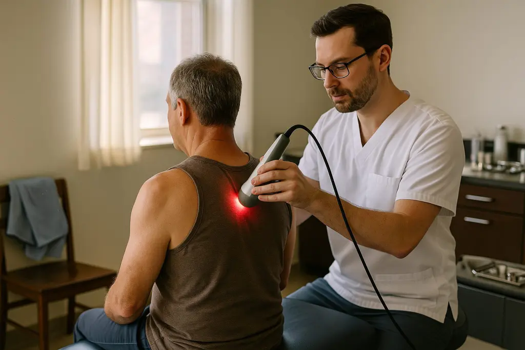 A therapist uses a modern laser device on a patient’s upper back in a clean Fair Lawn, NJ clinic. Warm natural light fills the room, highlighting detailed textures, a blue treatment table, medical tools, and a hopeful, calm atmosphere for pain relief.