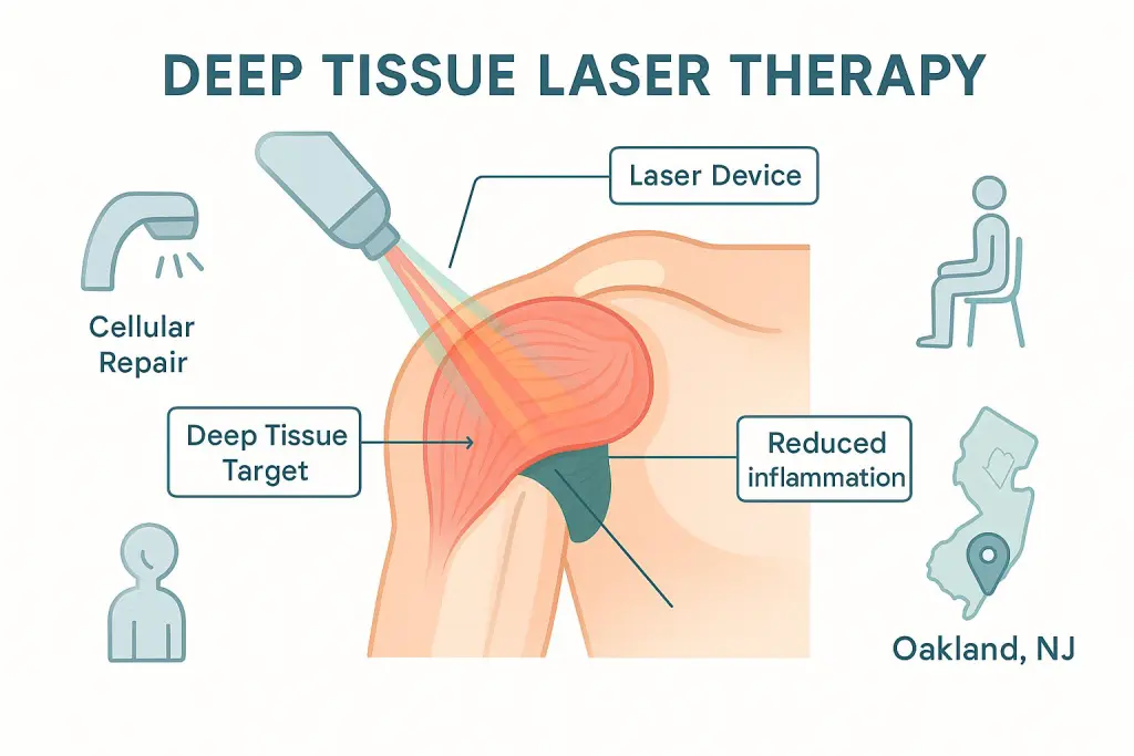 Minimalist infographic showing deep tissue laser therapy on a human shoulder, with labeled diagrams for laser device, deep tissue target, cellular repair, and reduced inflammation. Includes icons of a scanner, seated patient, and Oakland NJ location to educate residents on therapy benefits.