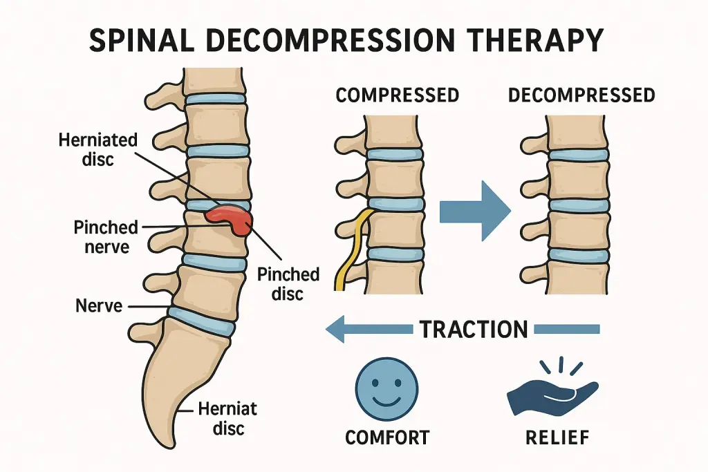 Infographic displays spinal decompression therapy with a human spine, herniated disc, and pinched nerve. Panels compare compressed versus decompressed states. Arrows illustrate gentle traction. Icons indicate comfort and relief. Vertebrae, discs, and nerves are clearly labeled on a minimalist, white background.