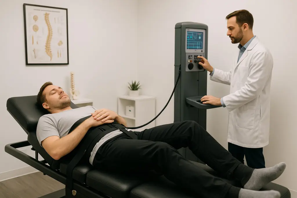 A patient lies comfortably on a spinal decompression table in a modern chiropractic clinic in Clifton, NJ, secured with a harness as the machine gently stretches their spine. A clinician stands nearby, adjusting the controls and monitoring the session, while soft lighting and clean equipment create a calm, clinical environment focused on care and precision. The patient appears relaxed, reflecting a sense of relief and trust during the non-invasive treatment.