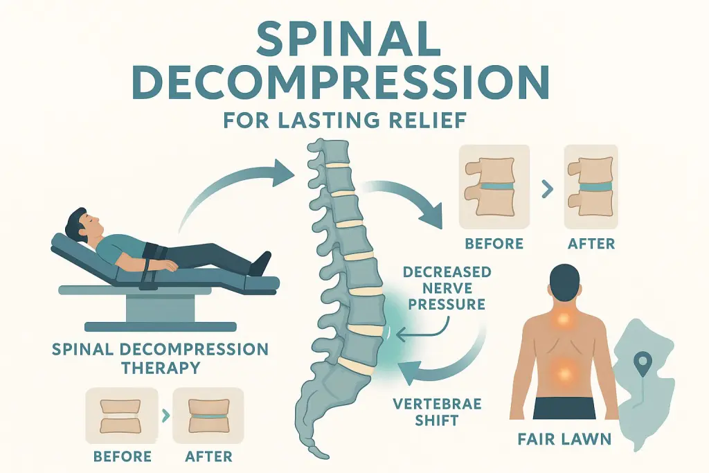 Educational poster visually explains spinal decompression at a Fair Lawn chiropractic clinic. Features a central, anatomically accurate spine illustration, patient on traction table, before-and-after vertebral spacing, nerve pressure relief, pain areas, and a small Fair Lawn map with clear labels and accessible design.