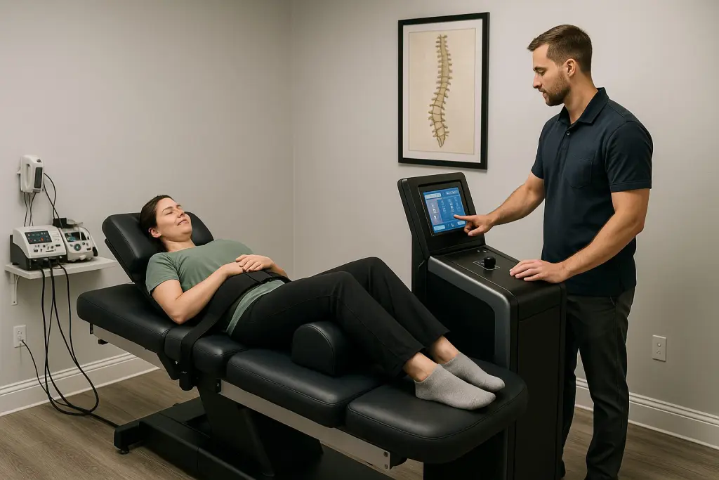 A patient lies comfortably on a modern spinal decompression table in a clean, well-lit chiropractic clinic in Fair Lawn, NJ, while a clinician adjusts the machine settings nearby. The room features advanced therapy equipment, soft lighting, and a calm, professional atmosphere, with the patient appearing relaxed as the gentle traction treatment begins. The scene conveys a sense of relief, trust, and focused care during a non-surgical back pain treatment session.
