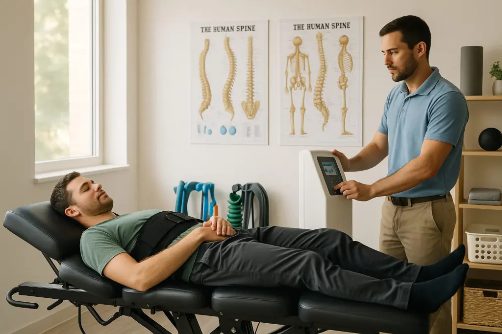 In a bright, modern chiropractic office, a patient rests on a spinal decompression table as warm natural light filters across the room and a clinician monitors the treatment with focused attention. Nearby, anatomical spine charts, rehab tools, and neatly arranged equipment reinforce the setting, while the patient’s relaxed posture and the quiet, supportive atmosphere suggest comfort, hope, and steady progress toward pain relief.