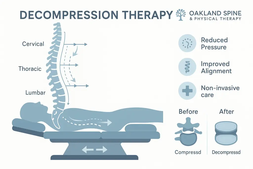 Educational infographic showing decompression therapy at Oakland Spine & Physical Therapy with a side-view spine, therapy table, arrows illustrating gentle stretching, before-and-after disc images, and icons highlighting reduced pressure, improved alignment, and non-invasive care, set in a calming, minimalist design.