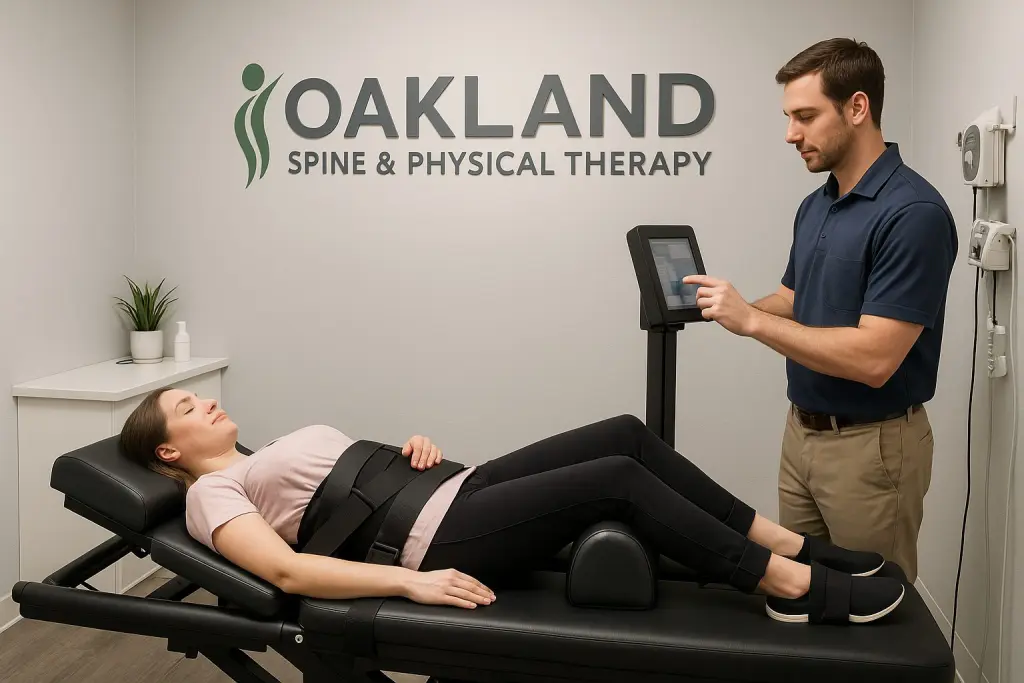 A patient lies comfortably on a spinal decompression table at Oakland Spine & Physical Therapy while a clinician adjusts the machine’s settings beside them. The treatment room is clean, modern, and calm, with supportive straps positioned around the patient’s body, soft lighting, and clinical equipment in view, creating a reassuring atmosphere focused on pain relief, guided care, and recovery.