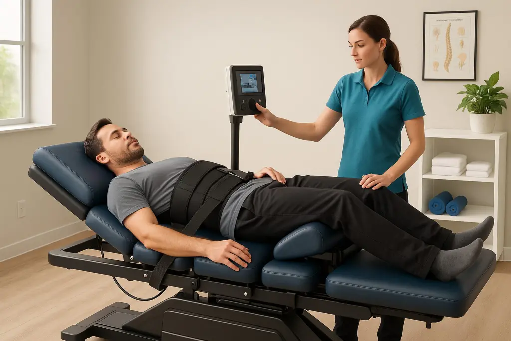 A patient rests on a spinal decompression table in a bright therapy room while a clinician monitors the session with focused attention, one hand near the control panel and the other ready to guide the patient through treatment. The scene includes the specialized table, neatly arranged equipment, and a quiet, welcoming clinical setting that conveys relief, trust, and the sense of finally finding a path forward for back and neck pain.