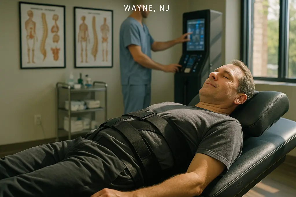 Middle-aged man undergoing spinal decompression therapy on a modern table in a Wayne, NJ clinic, attended by a professional in blue scrubs. Anatomical spine posters, medical equipment, and natural sunlight complete the comfortable, clinical setting.