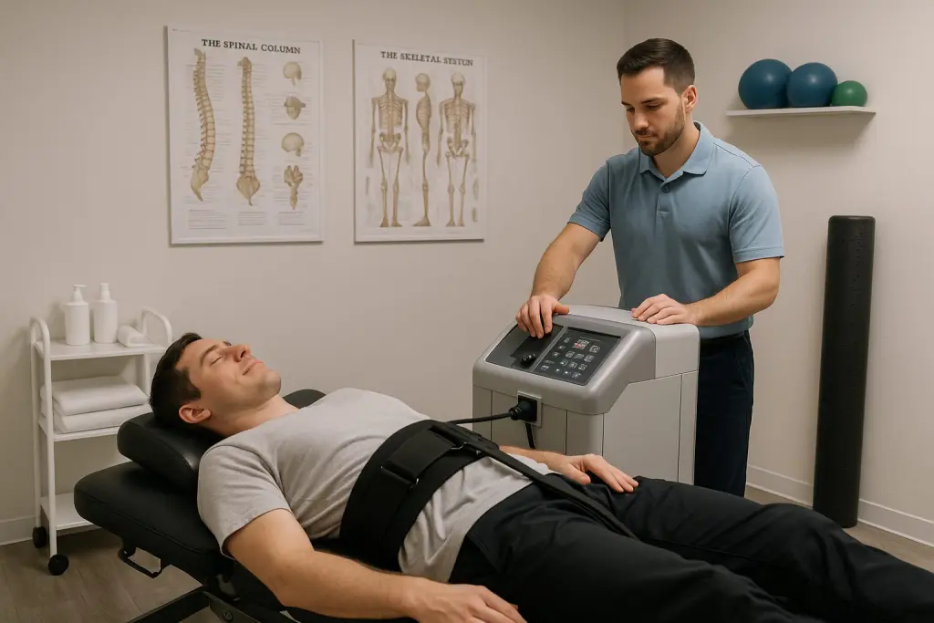 A patient lies comfortably on a treatment table at a modern chiropractic clinic while a practitioner adjusts a specialized spinal decompression machine nearby. The room is clean and softly lit, with medical equipment, posture charts, and therapy tools visible in the background, creating a calm and professional atmosphere. The patient appears relaxed and at ease, reflecting a sense of relief and trust during a non-surgical spine treatment session.