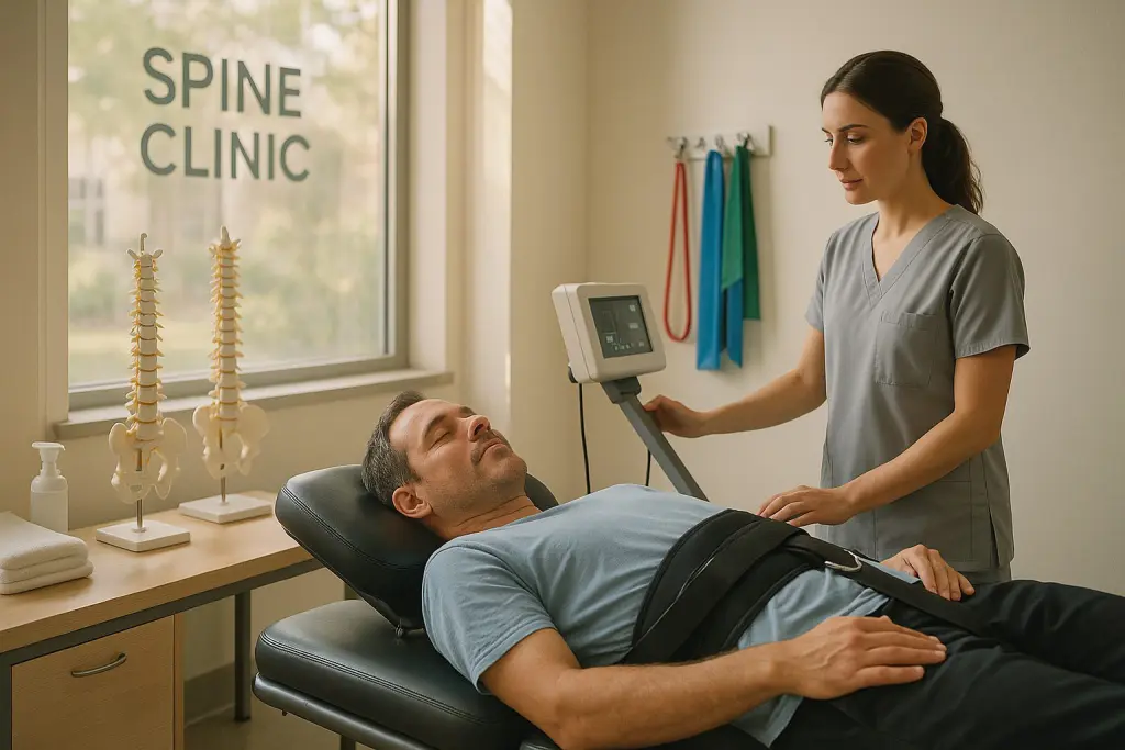 Sunlight filters through the windows of a welcoming spine clinic as a patient rests on a decompression table, eyes closed and shoulders eased, while a clinician monitors the treatment with focused care. Nearby, anatomical spine models, rehabilitation bands, and a neatly organized therapy station hint at the broader recovery plan, giving the scene a reassuring blend of medical precision and human comfort. The overall mood feels hopeful, calm, and quietly restorative.