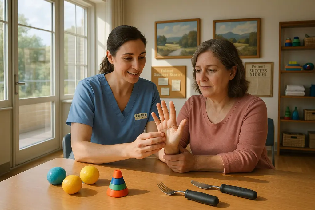 Compassionate therapist guides middle-aged woman through hand exercises at a sunlit occupational therapy clinic in Fair Lawn, with therapy tools, warm paintings, and a patient success stories bulletin visible. The calm, supportive setting highlights relief, determination, and hope during rehabilitation.