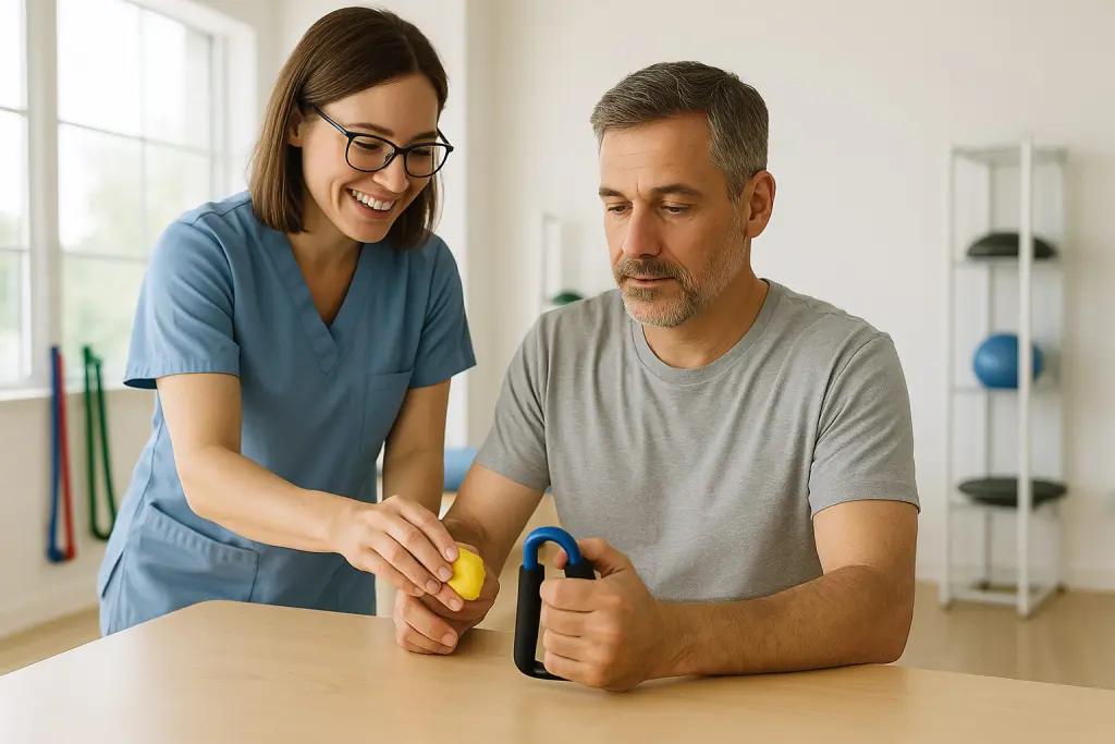 An occupational therapist stands beside an adult patient in a bright Fair Lawn rehabilitation clinic, guiding them through a hands-on exercise using therapy putty and a grip tool at a treatment table. Exercise bands, a therapy ball, and balance equipment are visible nearby, and the calm, supportive setting feels focused, encouraging, and professional.