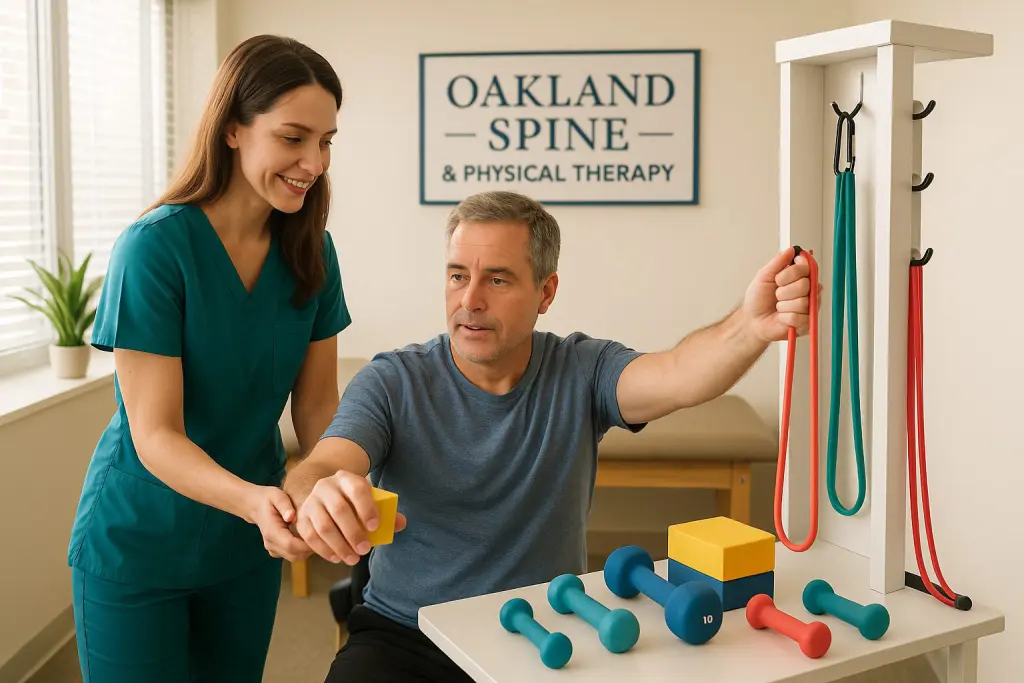 In a sunlit treatment room at Oakland Spine & Physical Therapy, an occupational therapist helps a middle-aged patient practice reaching and grip exercises at a rehab station set with resistance bands, hand weights, and therapy blocks. The patient looks focused and reassured, while the warm, organized clinic setting conveys steady progress, comfort, and confidence in recovery.