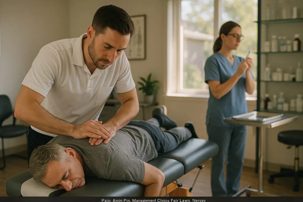 A chiropractor aligns a patient’s spine on a treatment table while another practitioner prepares a pain-relief injection in a modern Fair Lawn clinic. Warm sunlight, organized medical supplies, and detailed interior elements highlight the integrated chiropractic and injection therapy approach.