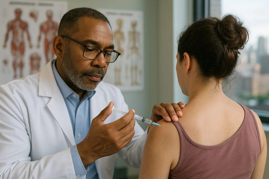 Clinician in white coat prepares a sterile trigger point injection for a patient’s upper back in a New Jersey clinic, with detailed skin textures, anatomical posters, and cityscape visible in the softly blurred background.