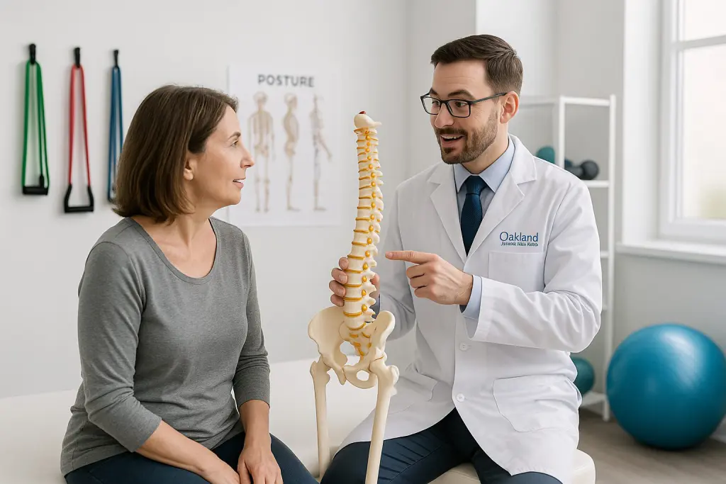 A chiropractor at Oakland Spine & Physical Therapy stands beside a patient seated on an exam table in a bright, modern treatment room, pointing to a spine model while explaining a personalized care plan for back and neck pain. Therapy bands, a posture chart, and rehabilitation equipment are visible in the background, and the scene feels calm, professional, and reassuring for someone seeking pain relief in Fair Lawn, NJ.