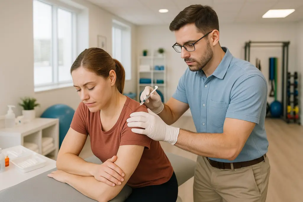 In a bright physical therapy clinic in Fair Lawn, NJ, a provider carefully locates a tense trigger point near a patient’s shoulder blade before giving an injection, while the patient leans forward on the exam table. Soft overhead lighting, neatly arranged medical supplies, and rehab equipment in the background create a calm, supportive environment that conveys relief, trust, and attentive care.