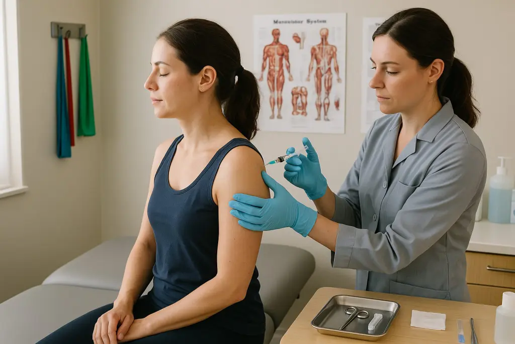 A patient in a sleeveless top sits comfortably at the edge of a padded exam table as a healthcare provider in gloves prepares a trigger point injection for the upper neck and shoulder area. The room feels quiet and reassuring, with therapy bands, anatomical charts, and clean medical tools visible nearby, highlighting a professional setting focused on easing muscle tension and restoring movement.